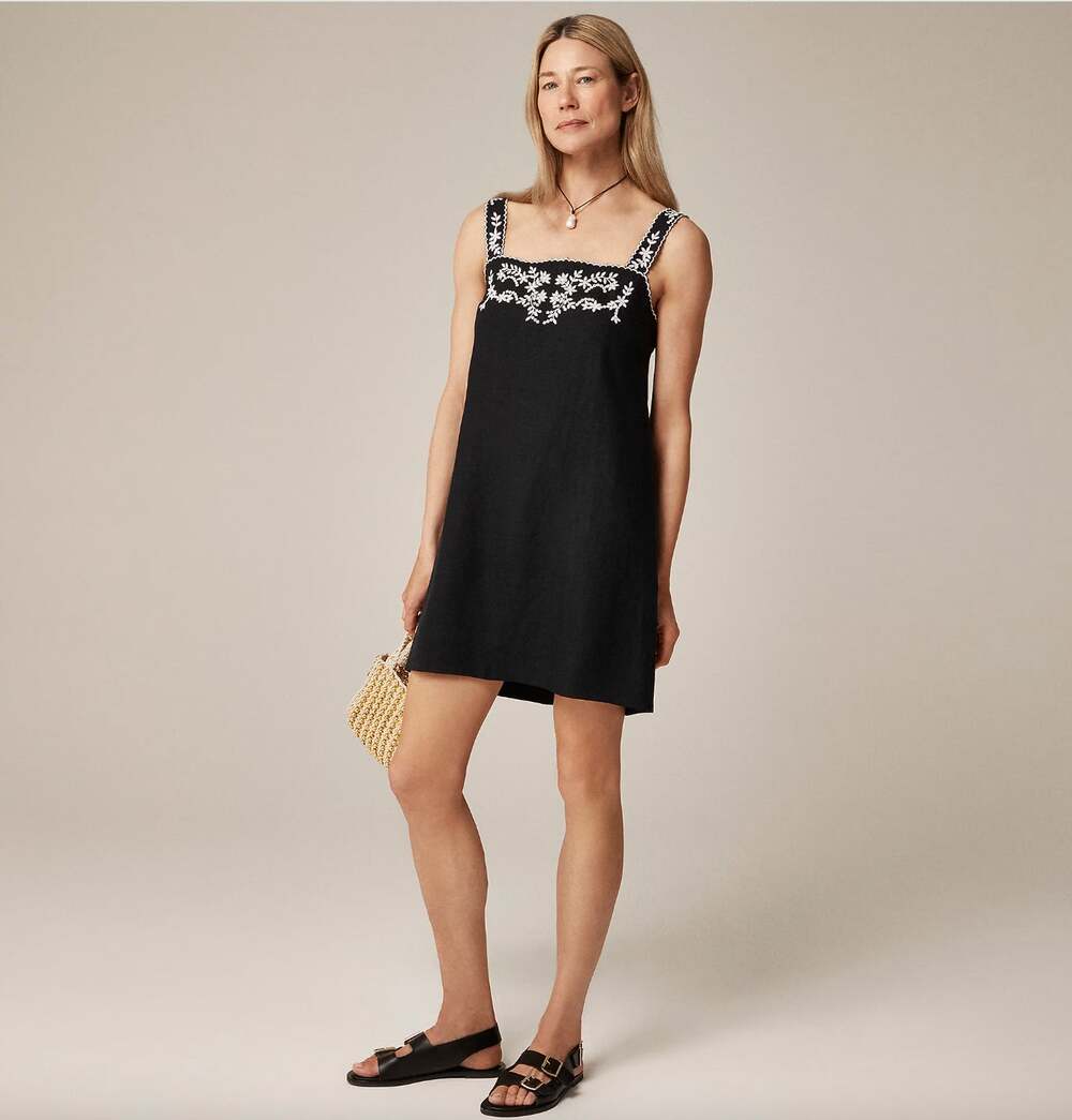 J.Crew Embroidered Linen Shift Dress Mini Boho Resort Vacation Black US 4 NWT